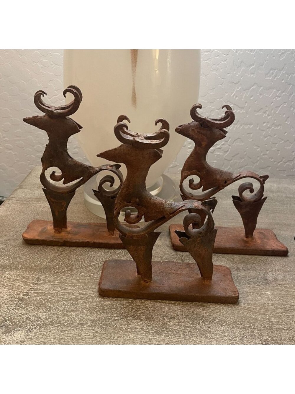 Set of 3 Primitive Brutalist Style Deer Sculptures Rusty Forged Metal Rustic